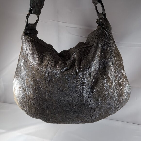 7 For All Mankind Leather Purse Shoulder Bag Silver Distressed Studded Hobo Flap - Picture 5 of 16
